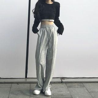 High-waist Drawstring Pants / Long-sleeve Plain Cropped Top