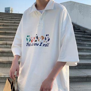 3/4-sleeve Panda Print Polo Shirt