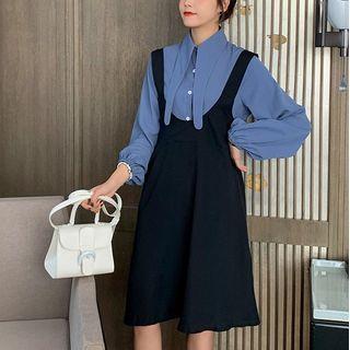 Set: Plain Long-sleeve Blouse + A-line Pinafore Dress