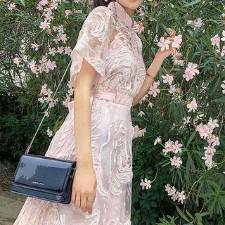 Short-sleeve Embroidered A-line Mesh Dress