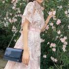 Short-sleeve Embroidered A-line Mesh Dress
