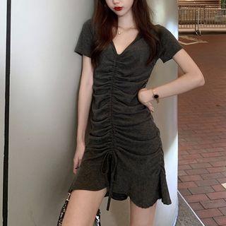 V-neck Drawstring Dress Black - One Size
