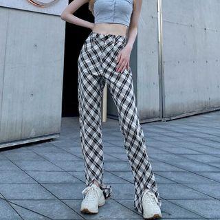 Plaid Front-slit Straight Leg Pants