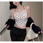 Heart Print Cropped Halter Top / Fluffy Jacket / Bootcut Pants