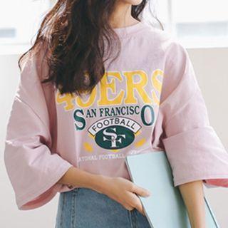 Lettering Elbow-sleeve Round Neck T-shirt
