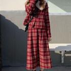 Plaid Button Jacket / Midi A-line Plaid Skirt / Fur Collar