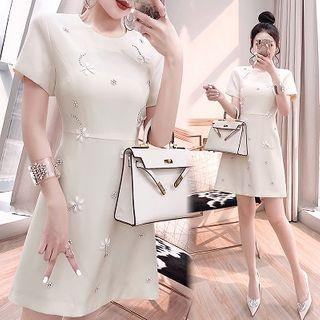 Short-sleeve Embellished A-line Mini Dress