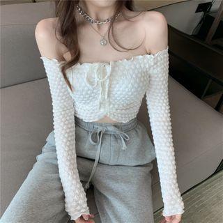 Long-sleeve Off-shoulder Cropped Drawstring Top