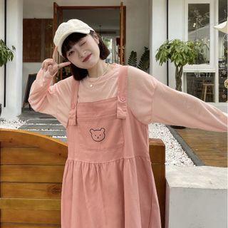 Long-sleeve T-shirt / Bear Embroidered Midi Overall Dress