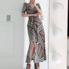 Print Short-sleeve Slit Midi Dress