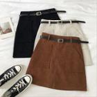 Plain Double-pocket Corduroy High-waist Skirt With Belt