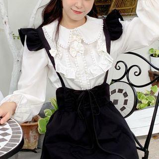 Long-sleeve Bow Accent Frill Trim Blouse