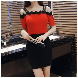 Crochet Trim Off-shoulder Short-sleeve Knitted Dress