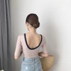 Color-block Round-neck Slim-fit Short-sleeve Top
