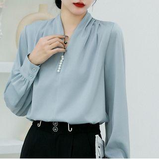 Long-sleeve V-neck Faux Pearl Blouse / Dress Pants