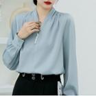 Long-sleeve V-neck Faux Pearl Blouse / Dress Pants
