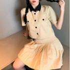 Short-sleeve Contrast Trim Shirt / Mini Pleated Skirt