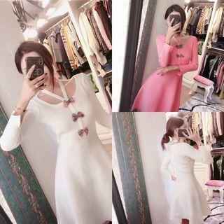 Long Sleeve Ribbon Accent A-line Dress