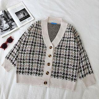 Houndstooth V-neck Single-breasted Long-sleeve Cardigan Almond - One Size