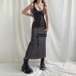Sleeveless Asymmetric Studded Panel Maxi Sheath Dress