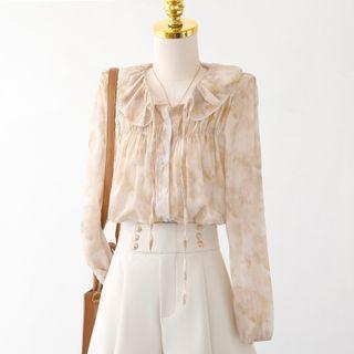 Tie-dye Ruffle Button-up Drawstring Shirt