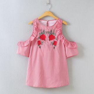 Short-sleeve Embroidery Cutout Shoulder Top