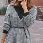 Inset Turtle-neck Checked A-line Dress With Belt