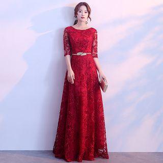 Applique Elbow-sleeve Evening Gown