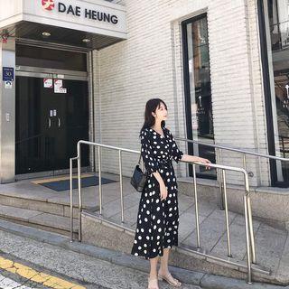 Elbow-sleeve Dotted Slit-front Midi A-line Dress