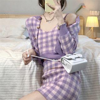 Set: Plaid Cardigan + Mini Fitted Knit Skirt + Spaghetti Strap Top Set - Cardigan & Fitted Skirt & Top - Plaid - Purple - One Size