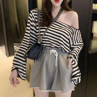 Long-sleeve Off-shoulder Striped T-shirt / Drawstring Shorts