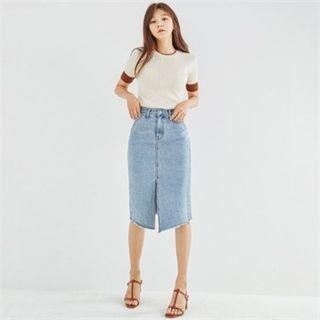 Slit-front Asymmetric-hem Midi Denim Skirt