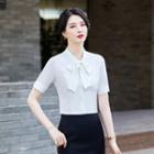 Short-sleeve Ribbon Blouse / Mini Pencil Skirt