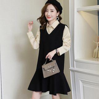 Set: Plain Shirt + Ruffle Hem A-line Pinafore Dress