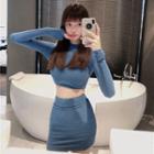 Set: Long-sleeve Cropped T-shirt + Fitted High-waist Mini Skirt Set - Blue - One Size