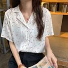 Short-sleeve Heart Print Open-collar Chiffon Shirt White - One Size
