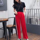Short-sleeve Twisted T-shirt / Contrast Trim Wide-leg Pants / Set