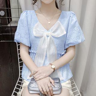 Puff-sleeve V-neck Bow Chiffon Shirt