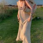 Sleeveless V-neck Crochet Perforated Frayed Dress