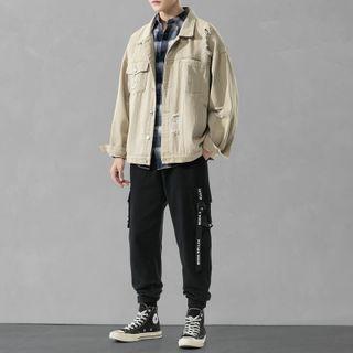 Set: Denim Jacket + Long-sleeve Plaid Shirt + Harem Pants