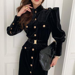Puff-sleeve Button-up Midi Sheath Dress Black - One Size