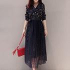 Set: Long-sleeve Floral A-line Dress + Lace Midi Skirt
