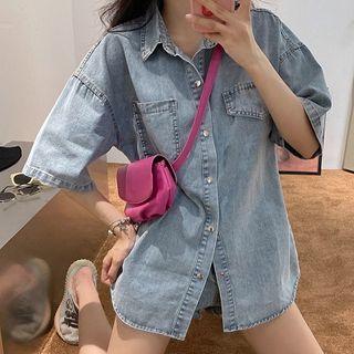 Denim Loose-fit Blouse Light Blue - One Size