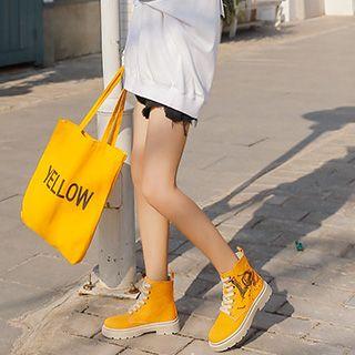 Printed Canvas Lace-up Platform Short Boots
