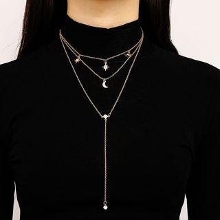 Alloy Rhinestone Moon & Star Layered Choker Y Necklace
