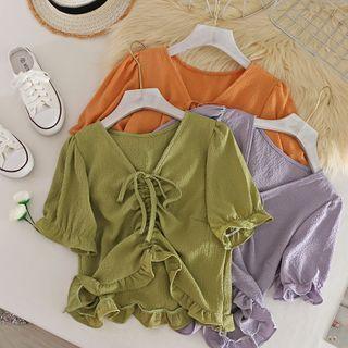 V Collar Chiffon Puff-sleeved Top