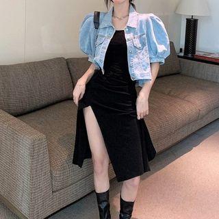 Short-sleeve Denim Jacket / Slit Midi A-line Dress