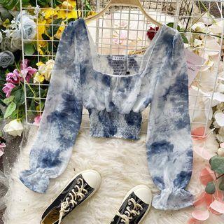 Flared-cuff Tie-dyed Cropped Blouse