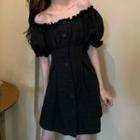 Puff-sleeve Buttoned Frill Trim A-line Mini Dress