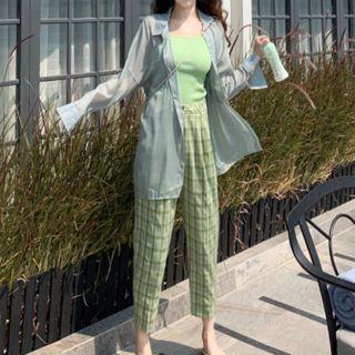 Long-sleeve Plain Shirt / Plain Camisole / Plaid Pants